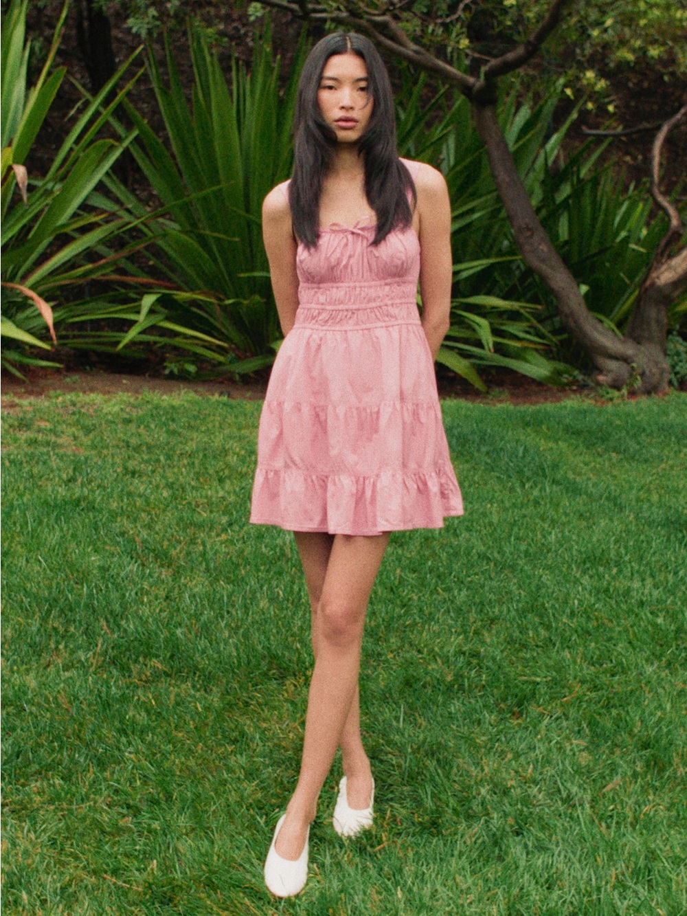 Aritzia Pale Pink Smocked Tiered Mini Dress